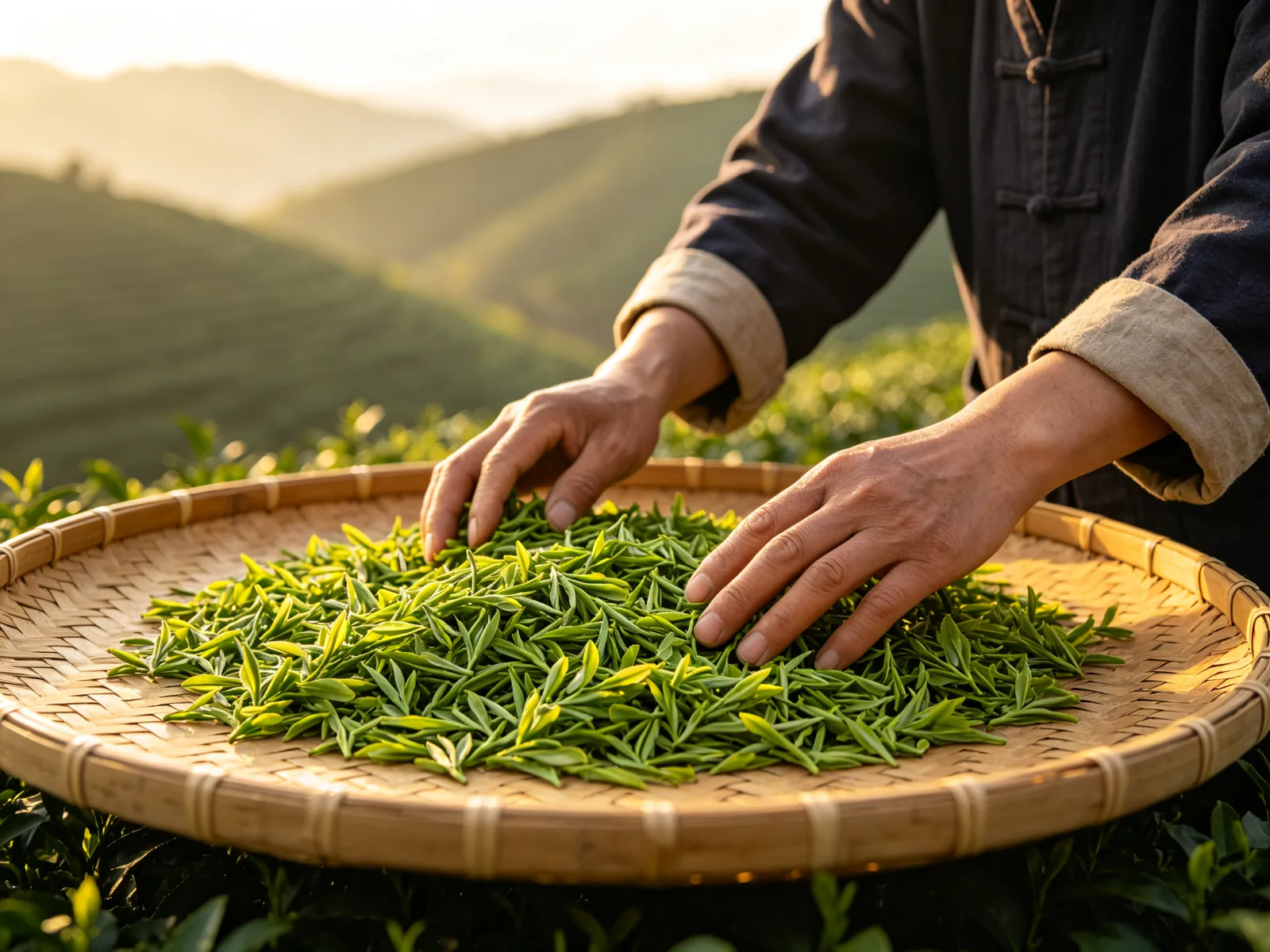 茶农在竹匾上翻动嫩绿茶芽